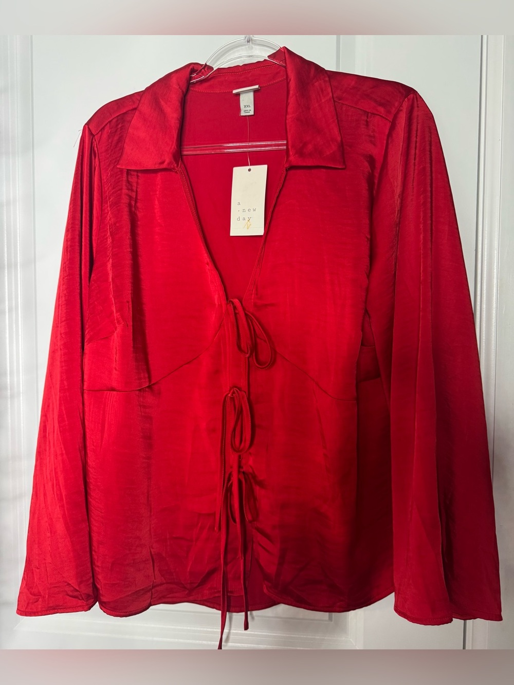 a new day Red Satin Tie-Front long sleeve blouse sz xxl event formal - Picture 1 of 6
